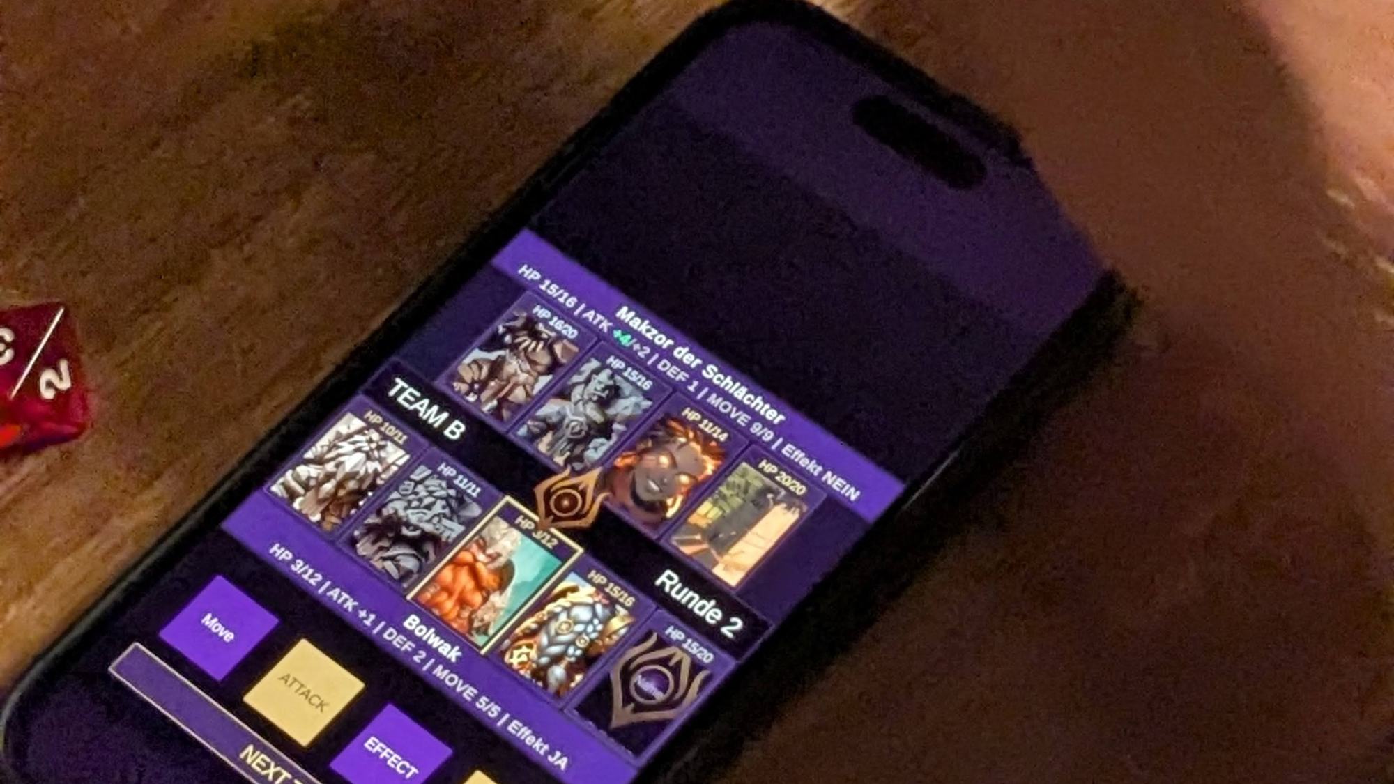 Die Warconicas-App zeigt Champion-Werte und Team-Übersicht während einer Partie